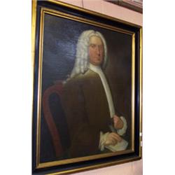 Oil on canvas - Portrait of an 18th Century gentleman wearing grey wig and green jacket, 36" x 28...