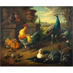 Giovanni Bonomi - 19th Century oil on canvas - Landscape with monkeys, peacock and fowl, signed,...