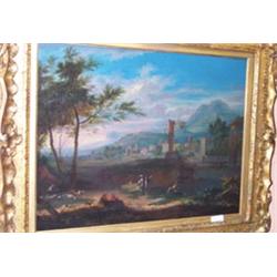 18th Century oil on canvas - Landscape with classical ruins, figures, sheep and cattle in foregro...