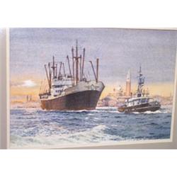 Frank Shipsides - Watercolour - The cargo vessel Covec and tug on the Bosphorus, signed, 10" x 14...