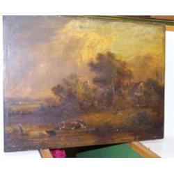 19th Century oil on panel - Landscape with figures, cottage, cattle and a punt in foreground, 12"...