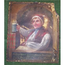 Primitive style oil on panel - Study of a toper at a window and raising his glass and bearing the...