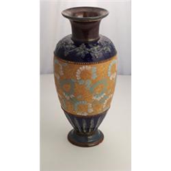 Pair of Royal Doulton Slaters Patent ovoid vases decorated with pale blue flowers on a gold and b...