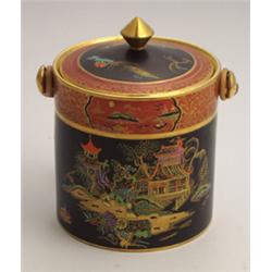 Carltonware biscuit barrel decorated with the New Mikado pattern on a black and orange ground, an...