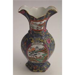 Pair of 19th Century English Masons style octagonal shaped vases with flared necks and with paint...