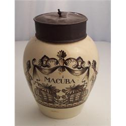 19th Century bulbous shaped pottery tobacco jar with painted decoration and title 'Macuba' flanke...