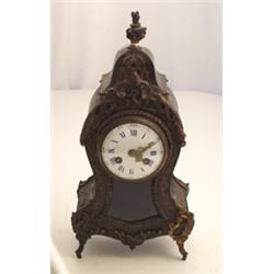 French Louis XV style mantel clock, the ormolu mounted green stained case with brass marquetry, t...