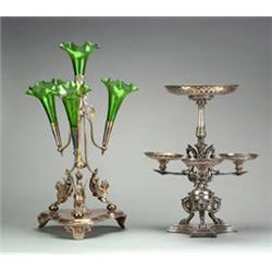 Walker & Hall silver plated epergne fitted four green glass trumpets on triangular shaped platfor...