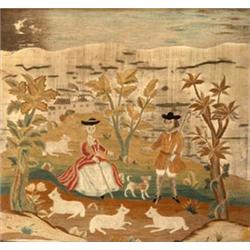 Georgian needlework panel depicting shepherd and shepherdess in landscape with cottages in backgr...