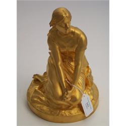 19th Century gilded bronze figure of a seated girl, signed H. Chapu and foundry mark for F. Barbe...