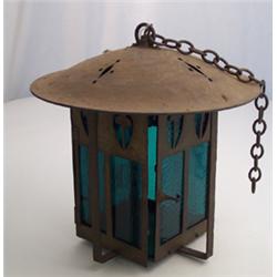 Scottish Arts & Crafts design hanging lantern with pierced circular domed top and with green hamm...