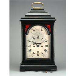 George III ebonised cased bracket clock, the stepped pediment having a folding brass handle, the...