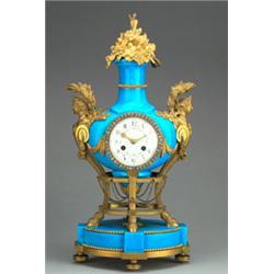 19th Century French mantel clock the blue urn shaped body with ormolu beading and mounts, the han...