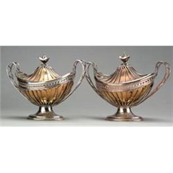 Pair of George III Adam design two handled Sheffield plate wirework oval sauce tureens, the domed...