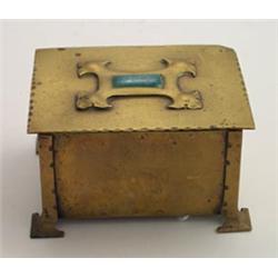 Arts & Crafts brass box, the hinged cover with mottled blue ceramic inset, 4  wide Est.: £60 -90...