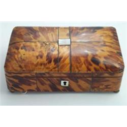 19th Century tortoiseshell mounted rectangular sewing box, the hinged interior with plush and gil...