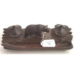 Late 19th Century Black Forest deskstand with central carved figure of a bear flanked by a pair o...