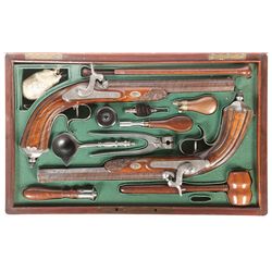 Cased Engraved Pair of Joseph Manton London Percussion Pistols with Accessories