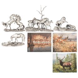 Four Horse-Themed Pewter Statues and Three Deer Themed Canvas Prints