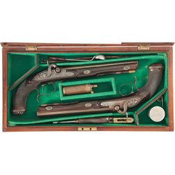 Cased Pair of Patrick of Liverpool Percussion Dueling Pistols with Accessories