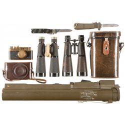German Marked Camera and Binoculars, Two Gravity Knives and an Inert M72A2 LAW Launch Tube
