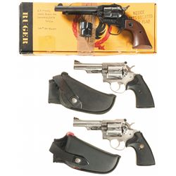 Three Ruger Revolvers, Two Knives and Holsters
