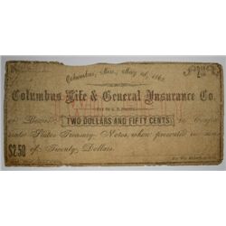 1862 $2.50 COLUMBUS LIFE & GENERAL INSURANCE MS NOTE