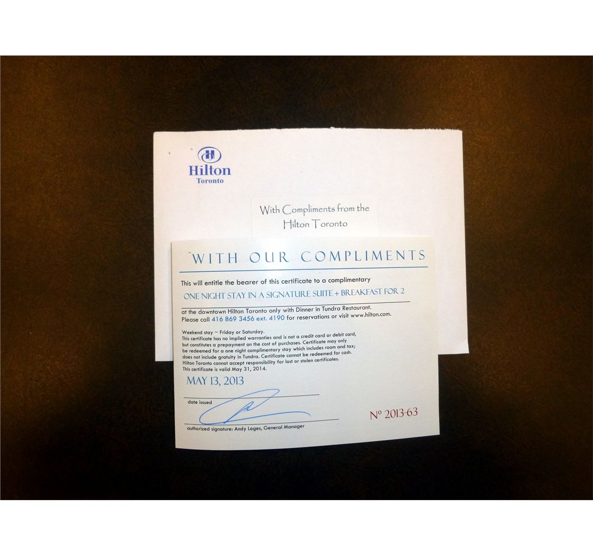 Hilton Toronto Gift Certificate Hilton Toronto Gift Certificate