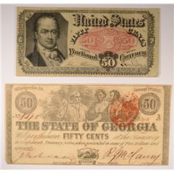 1863 FIFTY CENT STATE OF GEORGIA NOTE & 1875 FIFTY CENT FRACTIONAL NOTE