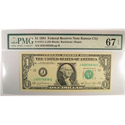 1981 $1 FEDERAL RESERVE NOTE KANSAS CITY PMG 67 EPQ