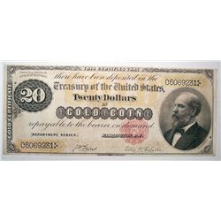 1882 TWENTY DOLLAR GOLD CERTIFICATE XF-AU
