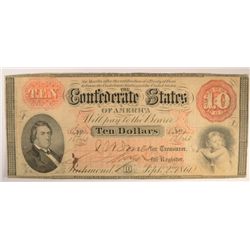 1861 $10 CONFEDERATE STATES OF AMERICA NOTE VG/F