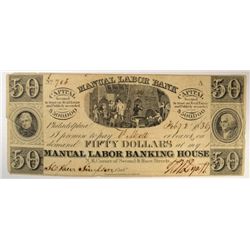 1836 $50 MANUAL LABOR BANK NOTE VF+