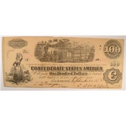 1862 $100 CONFEDERATE STATES OF AMERICA NOTE AU