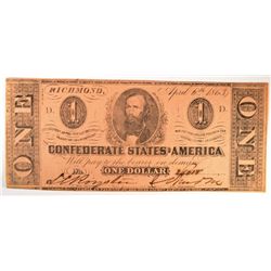 1863 $1 CONFEDERATE STATES OF AMERICA NOTE UNC