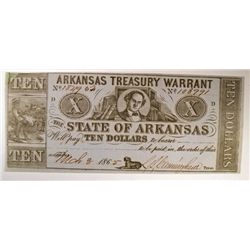 1865 $10 ARKANSAS TREASURY WARRANT NOTE