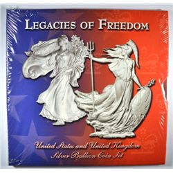 LEGACIES OF FREEDOM SET: 2003 ASE, 2002 BRITANNIA 2 LB SILVER COINS!