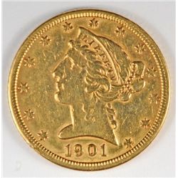 1901 $5.00 GOLD LIBERTY, AU