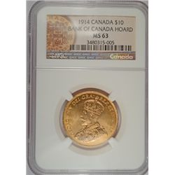 1914 CANADIAN $10.00 GOLD PIECE, NGC MS-63 RARE