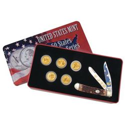 2002 GOLD PLATED STATE QUARTERS AND TRAPPER KNIFE COLLECTORS SET IN TIN