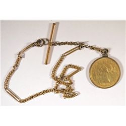 1882 $10.00 GOLD PIECE, VF  WITH ANTIQUE GOLD CHAIN AND MOUNTED IN BEZEL