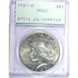 1927-D PEACE DOLLAR PCGS MS62 RATTLER HOLDER