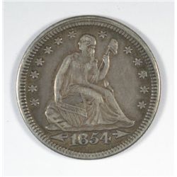 1854-P SEATED QUARTER, W. ARR. EXTRA FINE