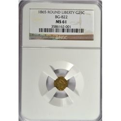 1865 GOLD TWENTY FIVE CENT ROUND LIBERTY NGC MS61
