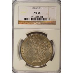 1889-S MORGAN SILVER DOLLAR, NGC AU-55