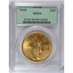 1925 $20.00 GOLD ST. GAUDENS PCGS MS-64 GREEN LABEL