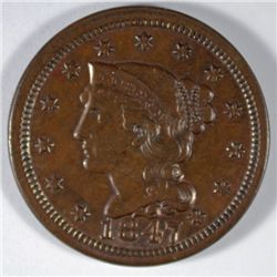 1847 LARGE CENT, AU-58 BROWN WITH BEAUTIFUL SURFACES