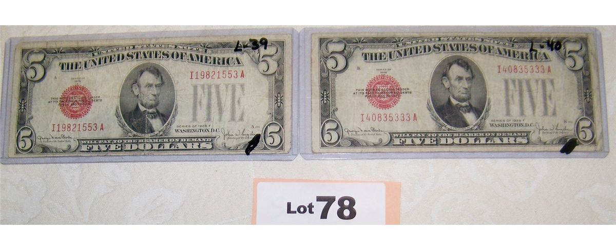 (2X$) RARE 1928-F $5 RED SEAL U.S. NOTES
