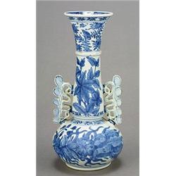 A Chinese slender bottle vase with trumpet neck and applied with foliate and pierced handles, dec...