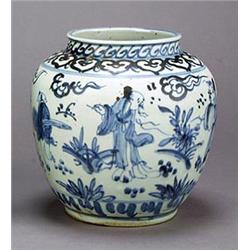 A Chinese ovoid jar, decorated in underglaze blue with a continuous band of scholars and attendan...